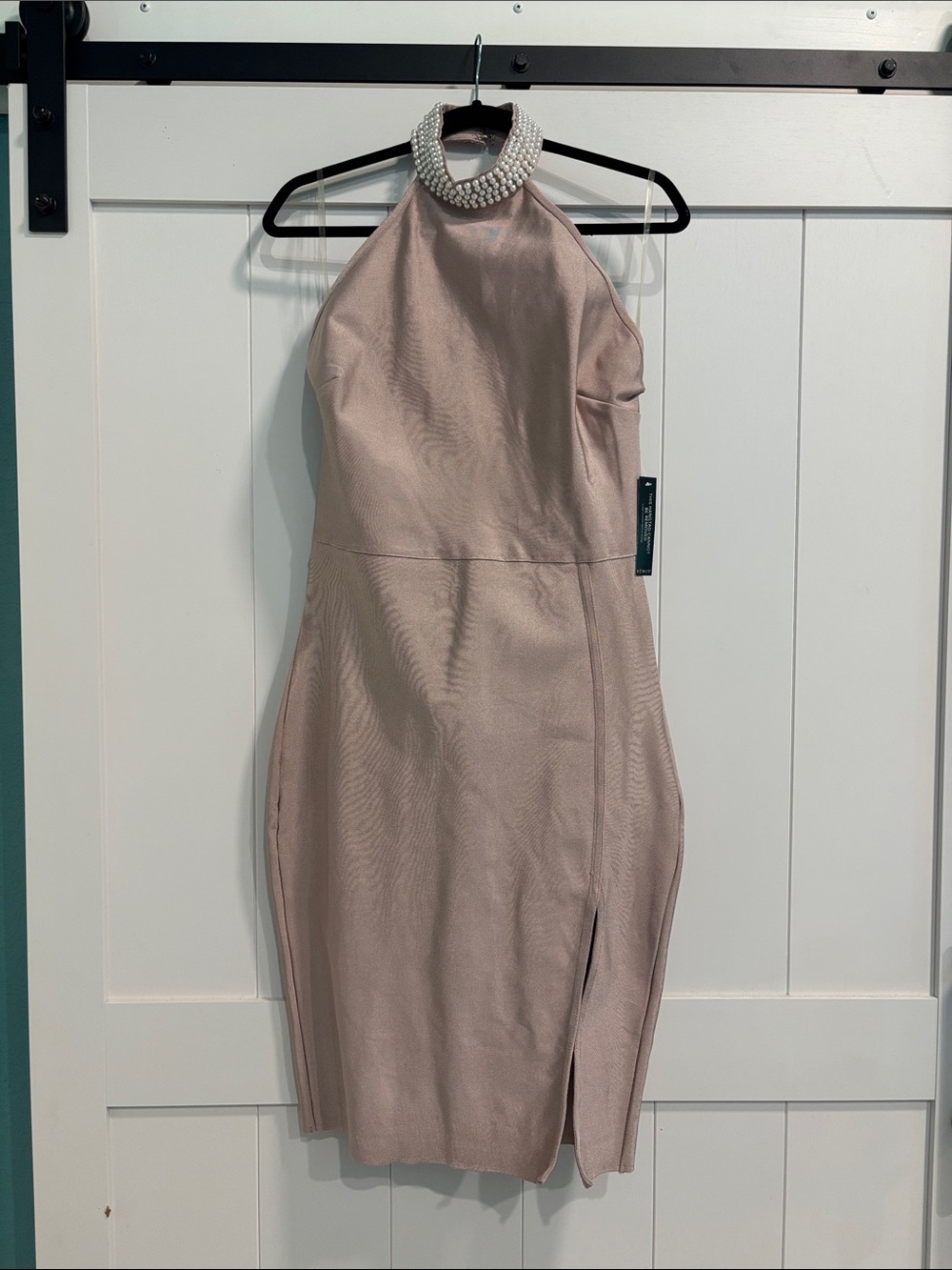 VENUS Pearl Halter One-Shoulder Bodycon Dress in Dusty Blush